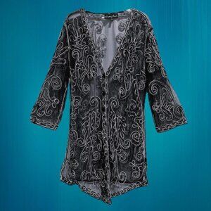 Pretty Angel Black & White Sheer Embroidered Silk Blend Cardigan - XL